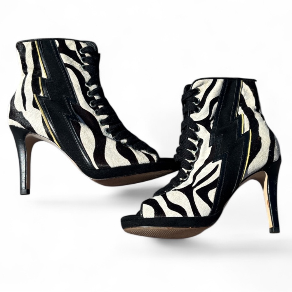 Vintage Villa Wang Zebra Pony Hair Lighting Bolt Leather Peep Toe